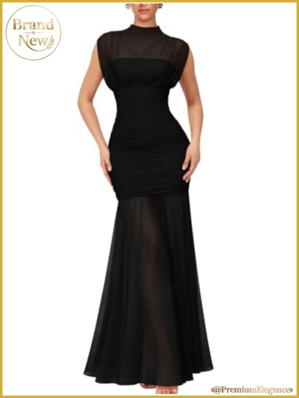 Sleeveless Mesh High Neck Ruched Cocktail Maxi Dress Formal Party